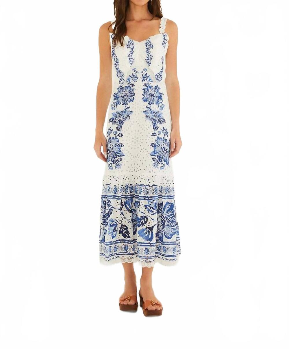 NEW FARM RIO beautiful nature sleeveless maxi dress in blue/white